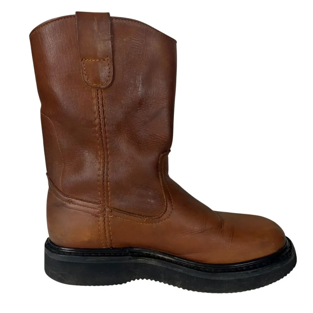 Mens Brown Leather Pull On Work Boots Thick Sole Western Style Size 7.5